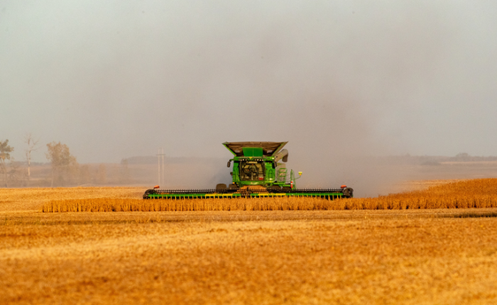 Combine harvesting in an open field